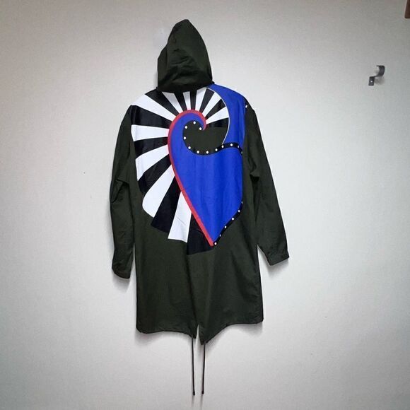 NWOT C&A European Military Inspired Graphic Trench Coat Unisex Mens M Womens XL - Picture 3 of 5